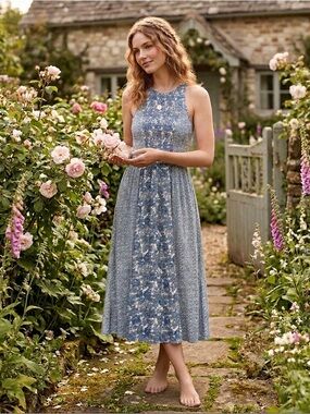 Japna Blue Mixed Paisley Floral Print Smocked Midi Dress Medium